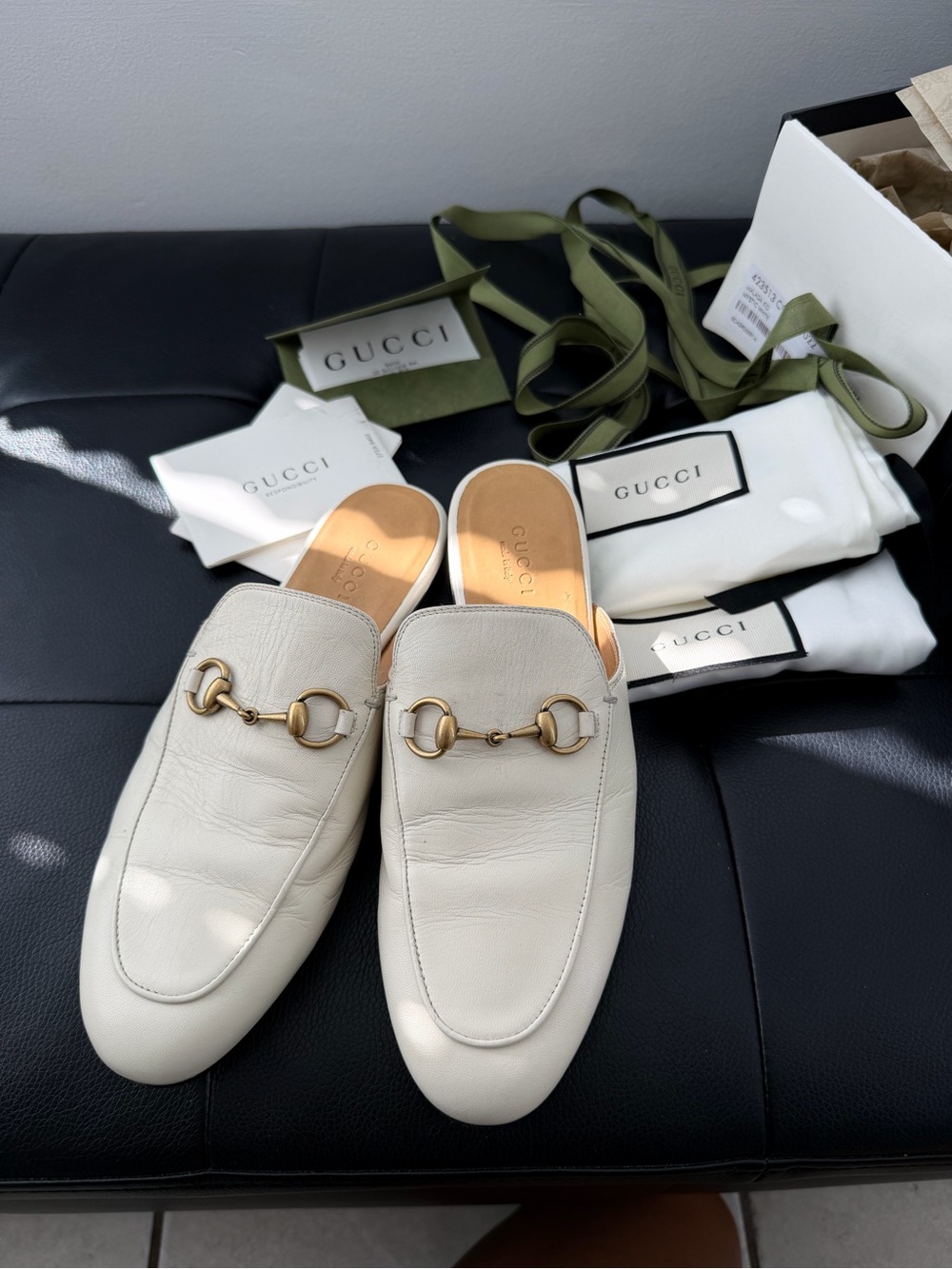 Gucci Princetown milk leather loafers with gold horsebit detail , Size 6